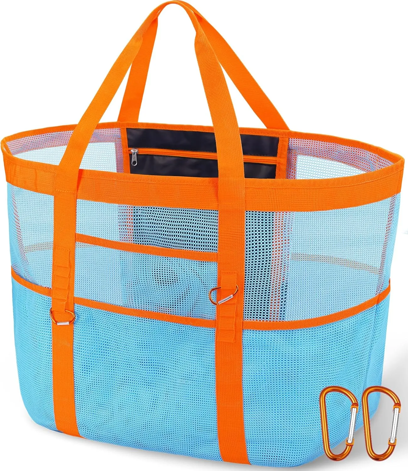Chic & Spacious XX-Large Beach Bag for Women – 12 Pockets, Waterproof Mesh, Lightweight, Includes 2 Carabiners