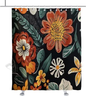 Chic Floral Boho Shower Curtain Vintage Elegant Flowers Shower Curtains Aesthetic Spring Waterproof Bathroom Decor Accessory with Hooks 72" W x 84" H Black
