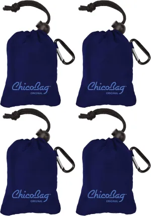 ChicoBag Original Compact Reusable Grocery Bag w/Attached Pouch and Carabiner Clip | Perfect for Shopping, Travel, Organization | Eco-Conscious Packable Tote | Mazarine Blue (Pack of 4)