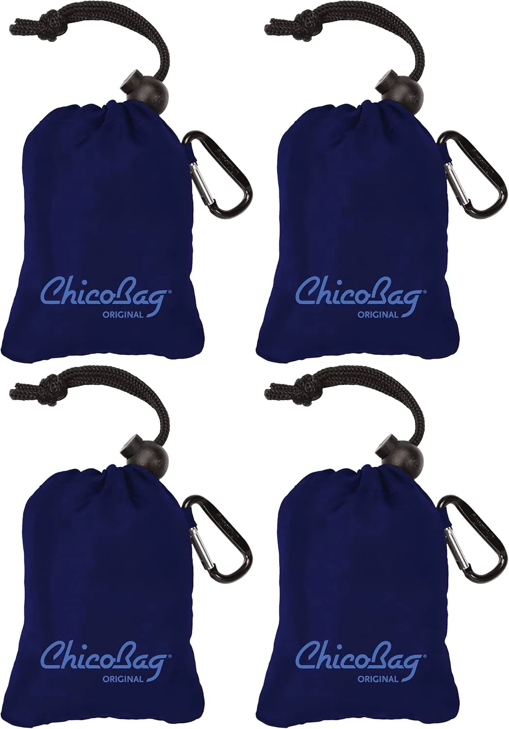 ChicoBag Original Compact Reusable Grocery Bag w/Attached Pouch and Carabiner Clip | Perfect for Shopping, Travel, Organization | Eco-Conscious Packable Tote | Mazarine Blue (Pack of 4)