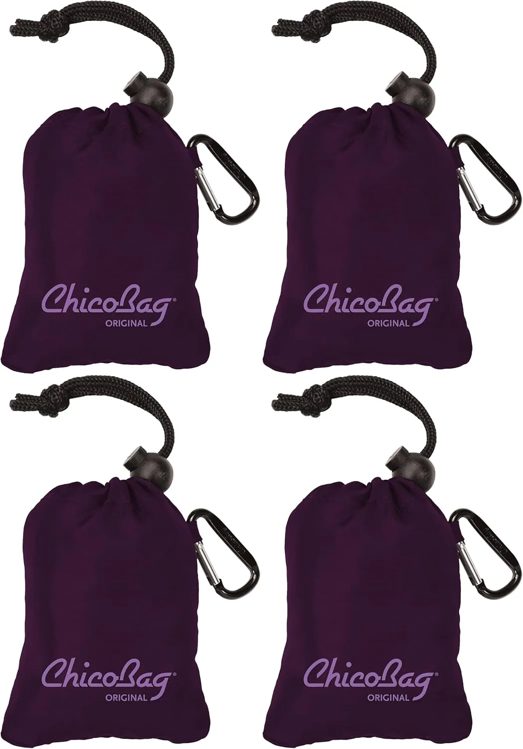 ChicoBag Original Compact Reusable Grocery Bag w/Attached Pouch and Carabiner Clip | Perfect for Shopping, Travel, Organization | Eco-Conscious Packable Tote | Purple (Pack of 4)