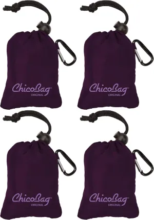 ChicoBag Original Compact Reusable Grocery Bag w/Attached Pouch and Carabiner Clip | Perfect for Shopping, Travel, Organization | Eco-Conscious Packable Tote | Purple (Pack of 4)