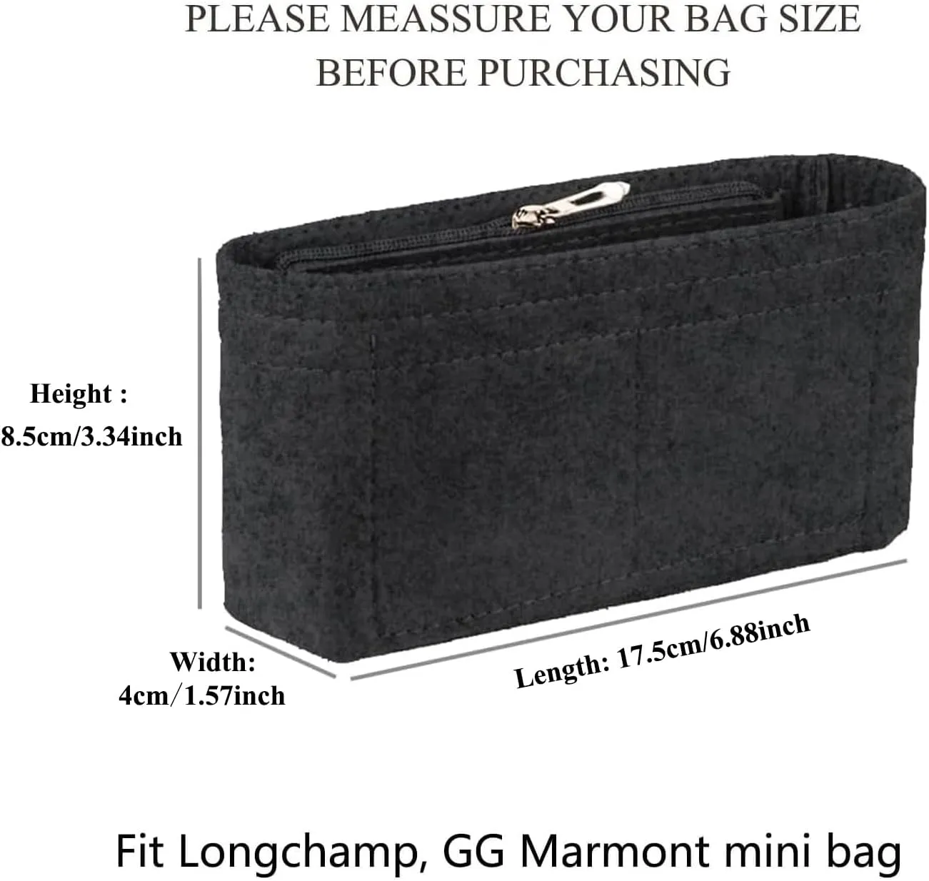 Chispee Felt Purse Organizer Insert for Longchamp Mini Bag & GG Marmont Matelasse Multi-Pocket Handbag Organizer with Inner Liner, Storage Compartments (Dark Grey)
