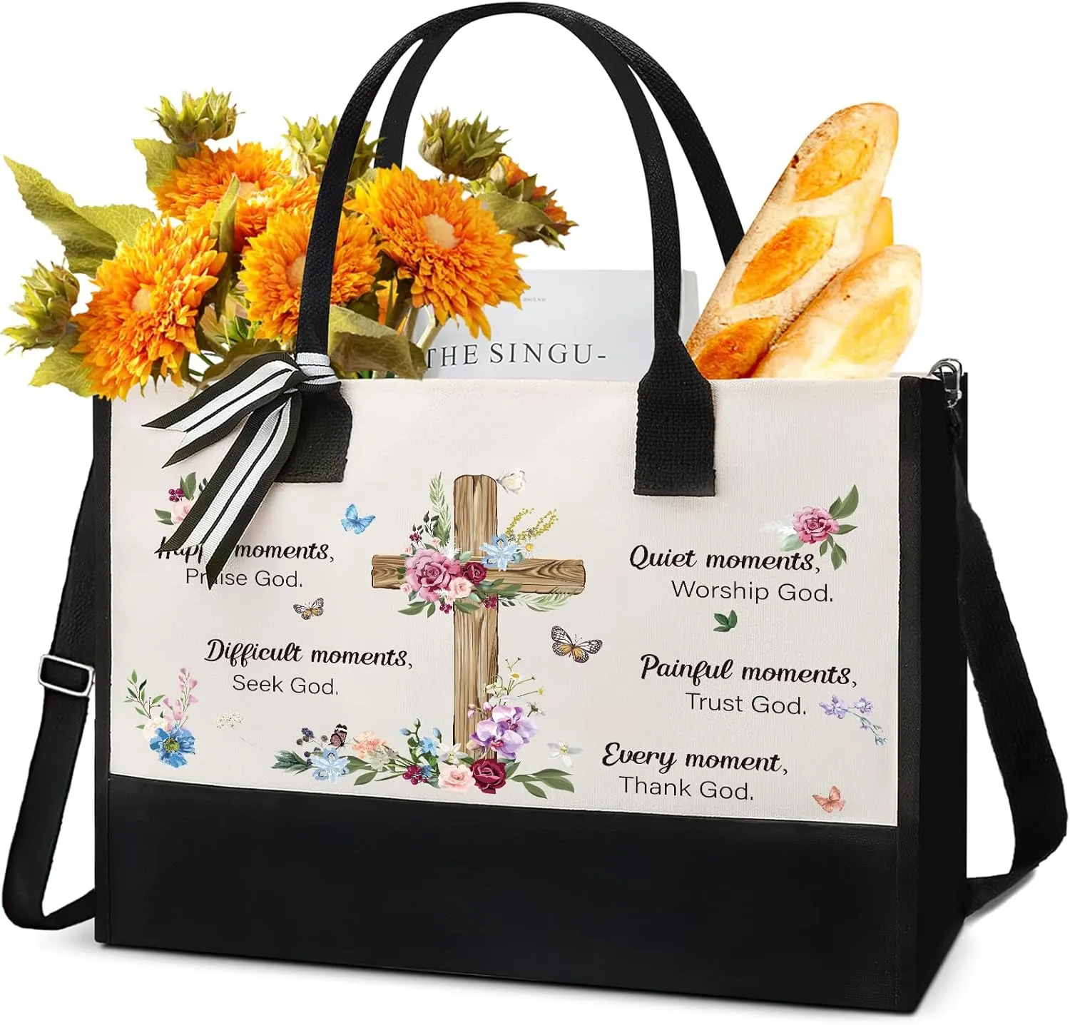 Christian Canvas Tote Bag - Spanish Positive Gift Inspiration Totes Zipper Handbag Happy Moments Praise God Thank God Inspirational Gifts for Women Bible Reusable Shopping Bags for Birthday