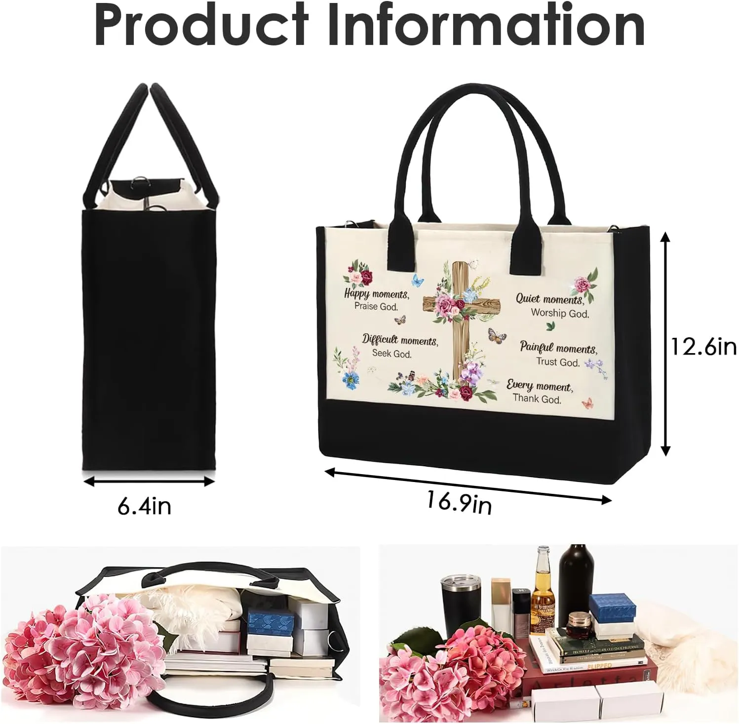 Christian Canvas Tote Bag - Spanish Positive Gift Inspiration Totes Zipper Handbag Happy Moments Praise God Thank God Inspirational Gifts for Women Bible Reusable Shopping Bags for Birthday