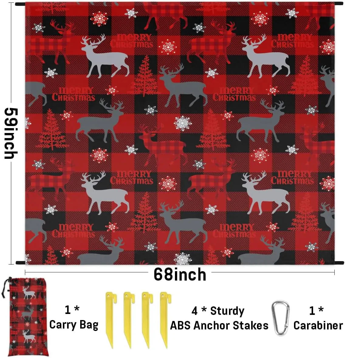 Christmas Buffalo Plaid Beach Blanket, Sandproof Beach Mat, 68 x 59 Waterproof Quick Drying Sand Free Mat with 4 x Ground Spikes for Outdoor Travel Camping Hiking, Snowflake