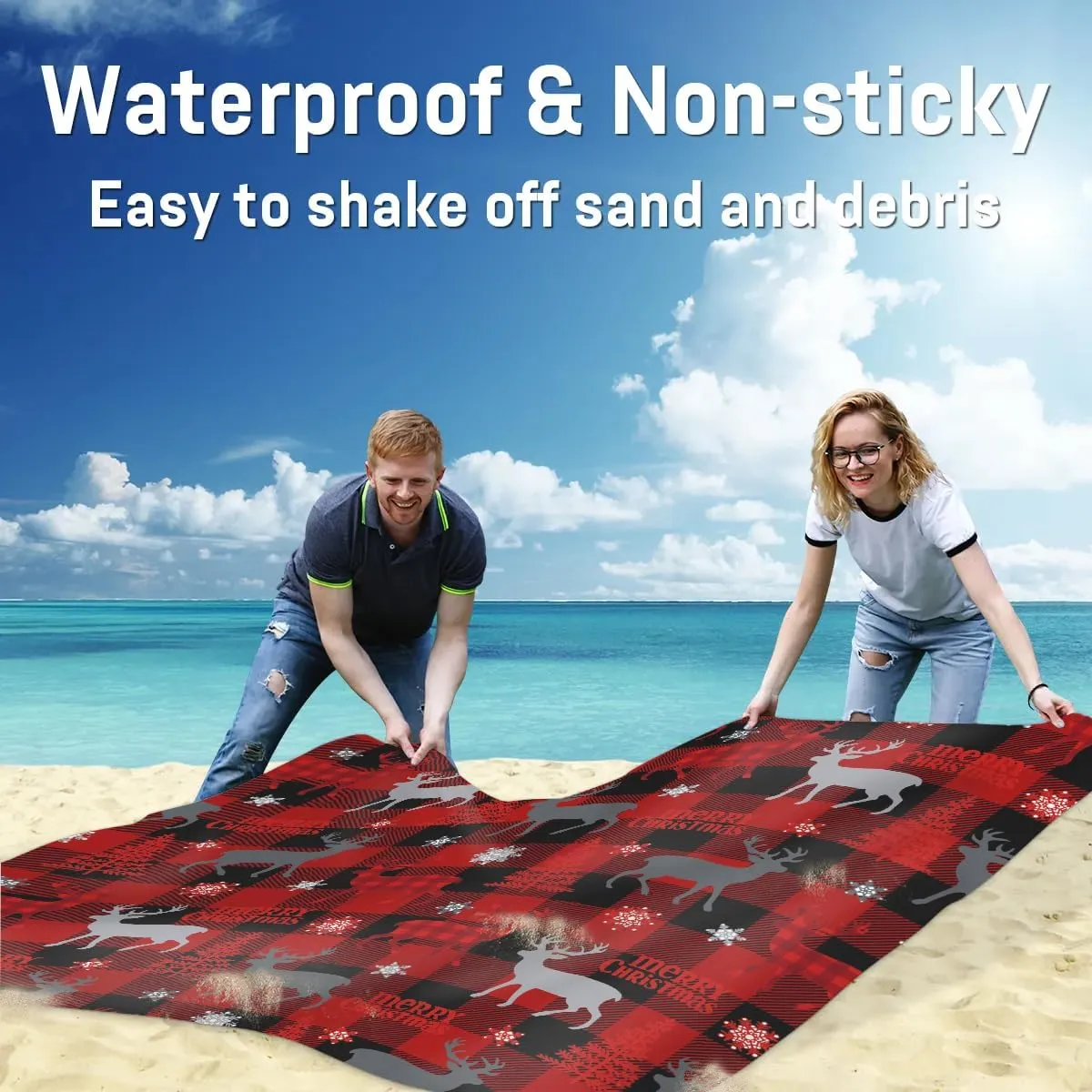 Christmas Buffalo Plaid Beach Blanket, Sandproof Beach Mat, 68 x 59 Waterproof Quick Drying Sand Free Mat with 4 x Ground Spikes for Outdoor Travel Camping Hiking, Snowflake