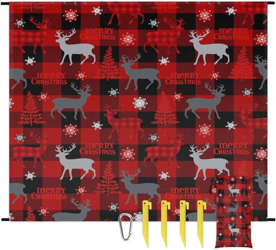Christmas Buffalo Plaid Beach Blanket, Sandproof Beach Mat, 68 x 59 Waterproof Quick Drying Sand Free Mat with 4 x Ground Spikes for Outdoor Travel Camping Hiking, Snowflake