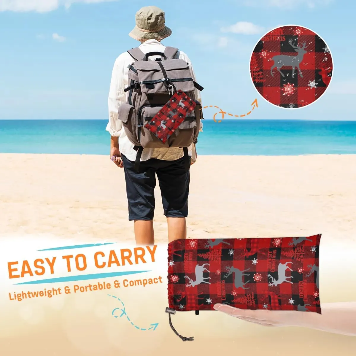 Christmas Buffalo Plaid Beach Blanket, Sandproof Beach Mat, 68 x 59 Waterproof Quick Drying Sand Free Mat with 4 x Ground Spikes for Outdoor Travel Camping Hiking, Snowflake