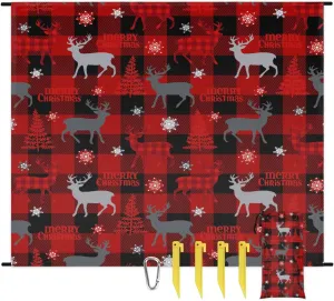 Christmas Buffalo Plaid Beach Blanket, Sandproof Beach Mat, 68 x 59 Waterproof Quick Drying Sand Free Mat with 4 x Ground Spikes for Outdoor Travel Camping Hiking, Snowflake