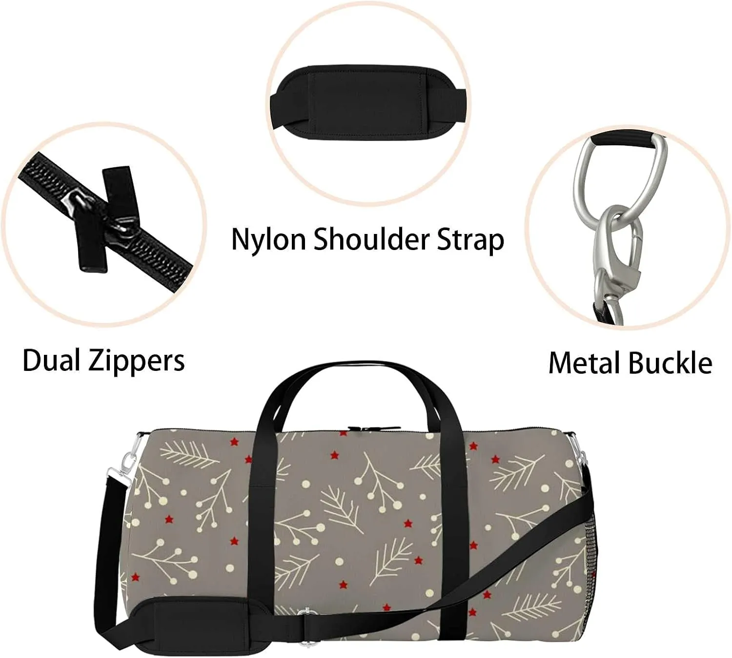 Christmas Spruce Branches Berries Stars Sports Duffel Bag Travel Gym Tote Bags Lightweight Durable Shoulder Strap Waterproof Polyester Outside Mesh Pocket Overnight Trip Duffel Bag for Women Men