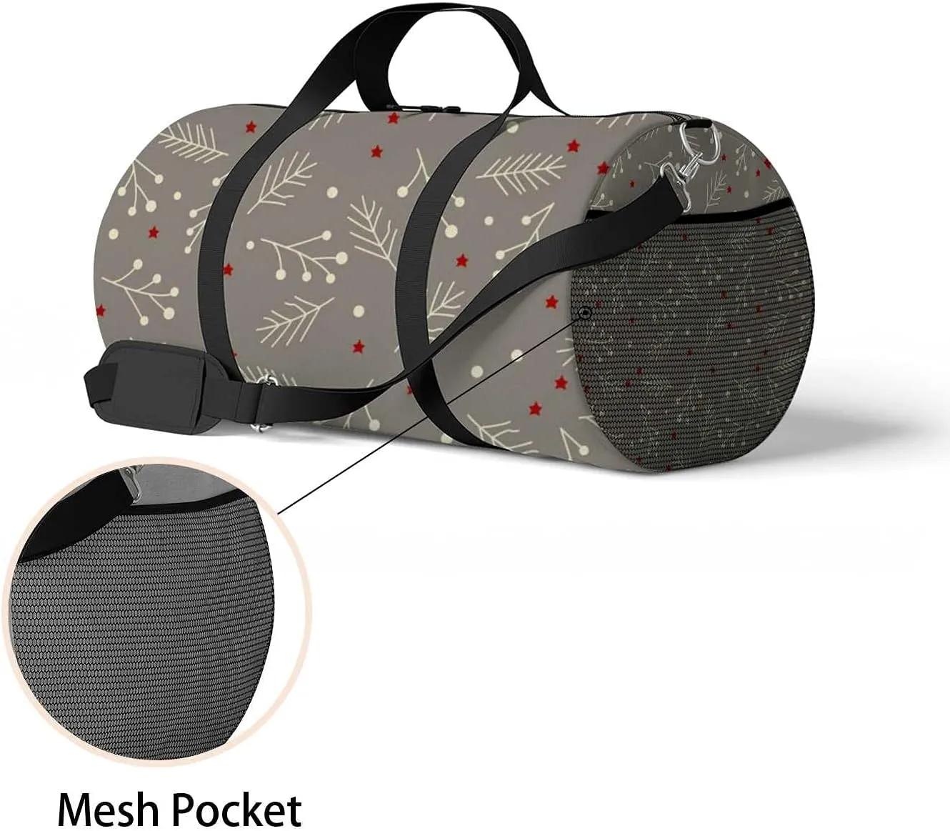 Christmas Spruce Branches Berries Stars Sports Duffel Bag Travel Gym Tote Bags Lightweight Durable Shoulder Strap Waterproof Polyester Outside Mesh Pocket Overnight Trip Duffel Bag for Women Men