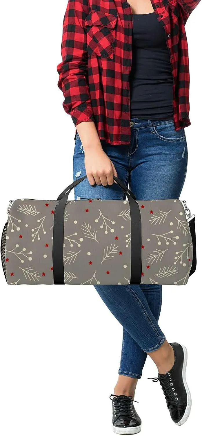 Christmas Spruce Branches Berries Stars Sports Duffel Bag Travel Gym Tote Bags Lightweight Durable Shoulder Strap Waterproof Polyester Outside Mesh Pocket Overnight Trip Duffel Bag for Women Men