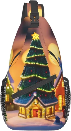 Christmas village Crossbody Bags Sling Backpackï¼ŒMultipurpose Cross body Shoulder Bag for Men and Women Chest Bag Travel Hiking Daypack