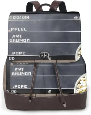 Cinema Movie Clapboard And Popcorn Print Genuine Leather Backpack,Fashionable Ladies Shoulder Bag For All Occasions