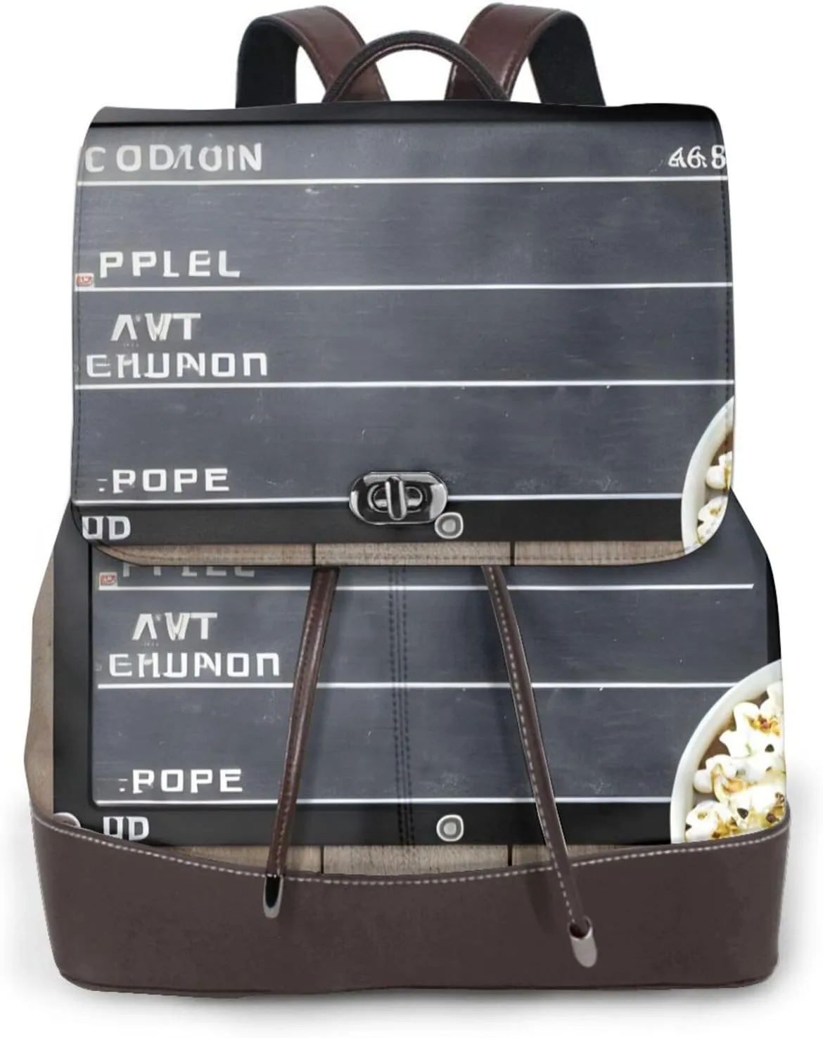 Cinema Movie Clapboard And Popcorn Print Genuine Leather Backpack,Fashionable Ladies Shoulder Bag For All Occasions