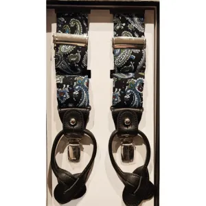 Classic Cotton 6 Button /Clips Suspender Braces With Black Leather Ends