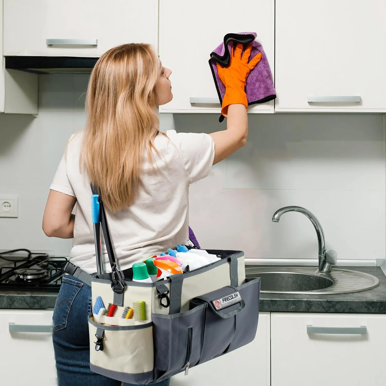 Cleaning Caddy for Cleaning Suppliers Organizer with Pockets for House Cleaning Essentials, Cleaning Organizer, Wearable Cleaing Bag Tote, Storage Caddy for Housekeeping