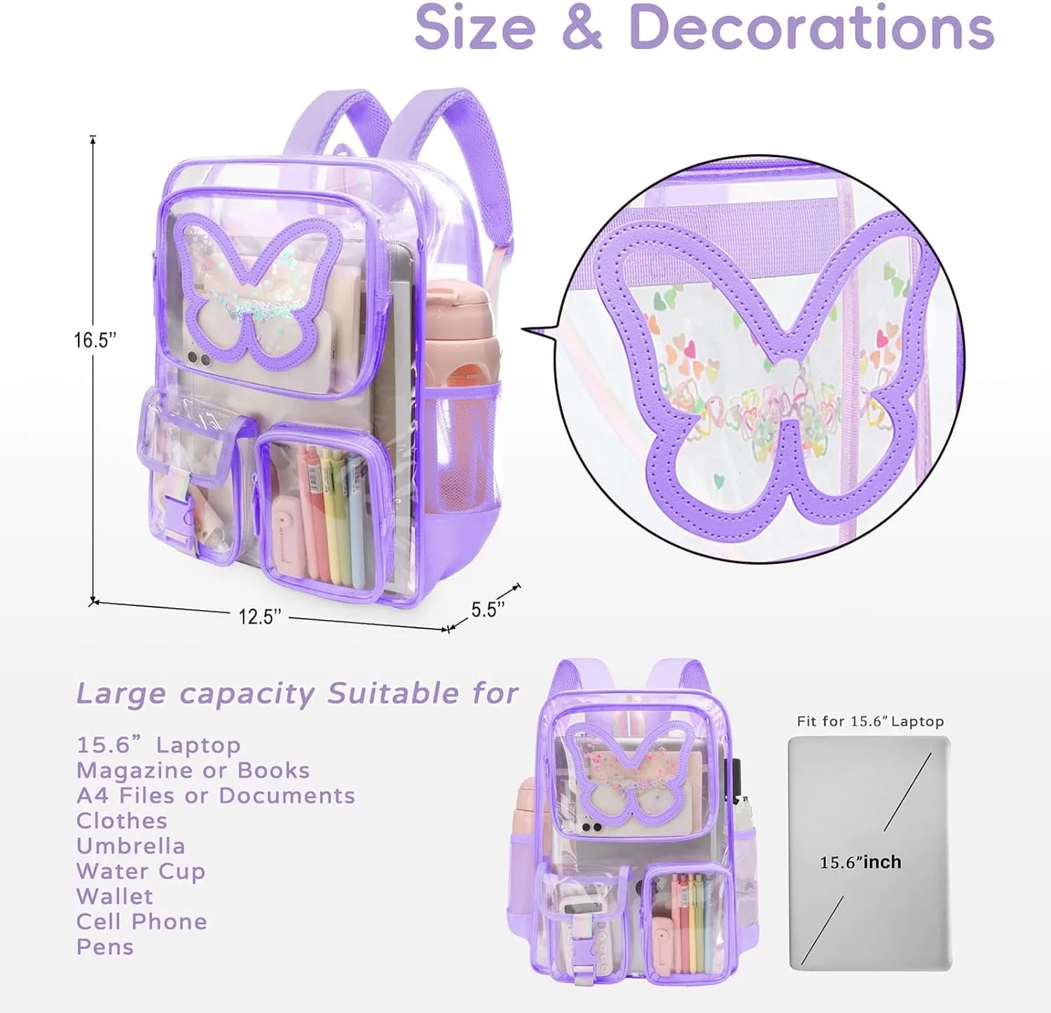 Clear Backpack Heavy Duty Transparent Bookbag Teen Girlish Cute Bag Large Capacity See Through Backpacks Stadium Approved Daypack for Middle School College Sport/Travel, Purple Butterfly