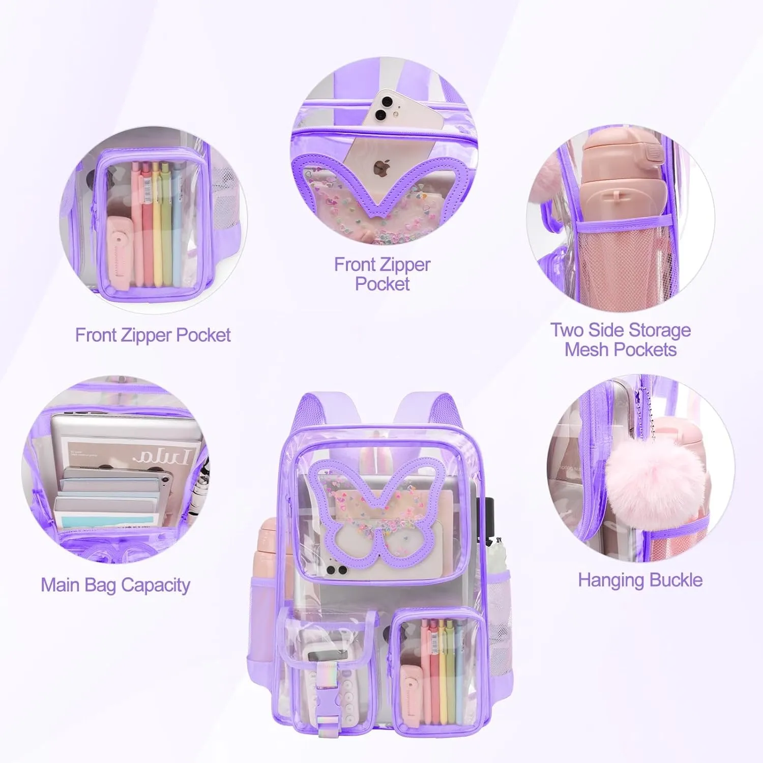 Clear Backpack Heavy Duty Transparent Bookbag Teen Girlish Cute Bag Large Capacity See Through Backpacks Stadium Approved Daypack for Middle School College Sport/Travel, Purple Butterfly