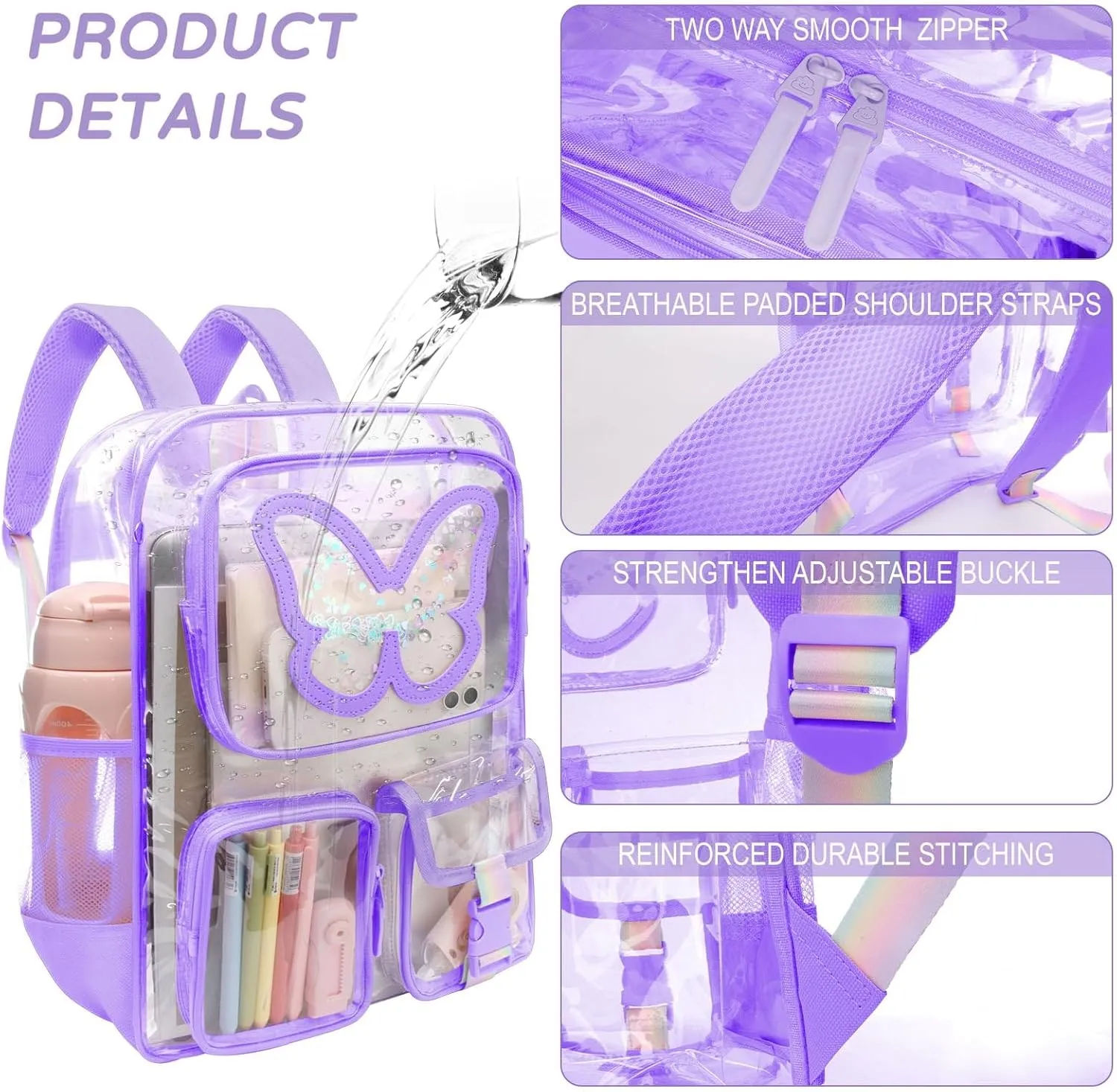 Clear Backpack Heavy Duty Transparent Bookbag Teen Girlish Cute Bag Large Capacity See Through Backpacks Stadium Approved Daypack for Middle School College Sport/Travel, Purple Butterfly