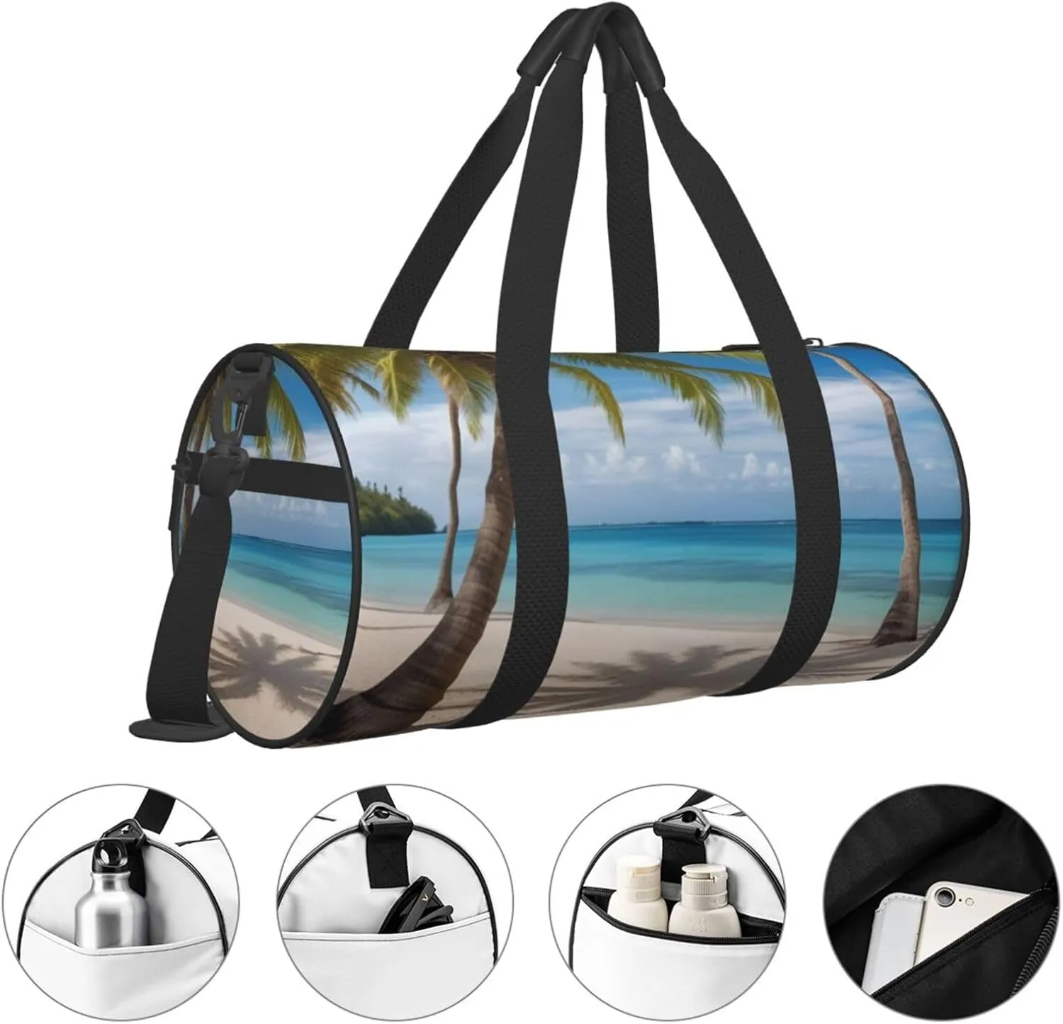 Coconut Palm Tree Sandy Beach Printed Travel Bag,Round Personal Item Storage bag,Foldie Duffel Bag for Traveling Vacation,Fitness,Sports