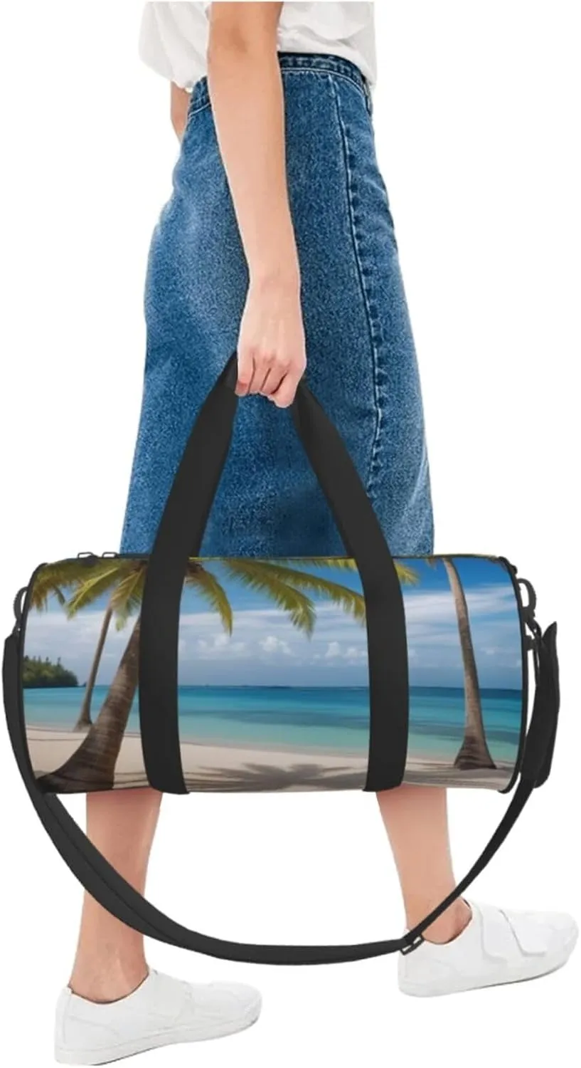 Coconut Palm Tree Sandy Beach Printed Travel Bag,Round Personal Item Storage bag,Foldie Duffel Bag for Traveling Vacation,Fitness,Sports