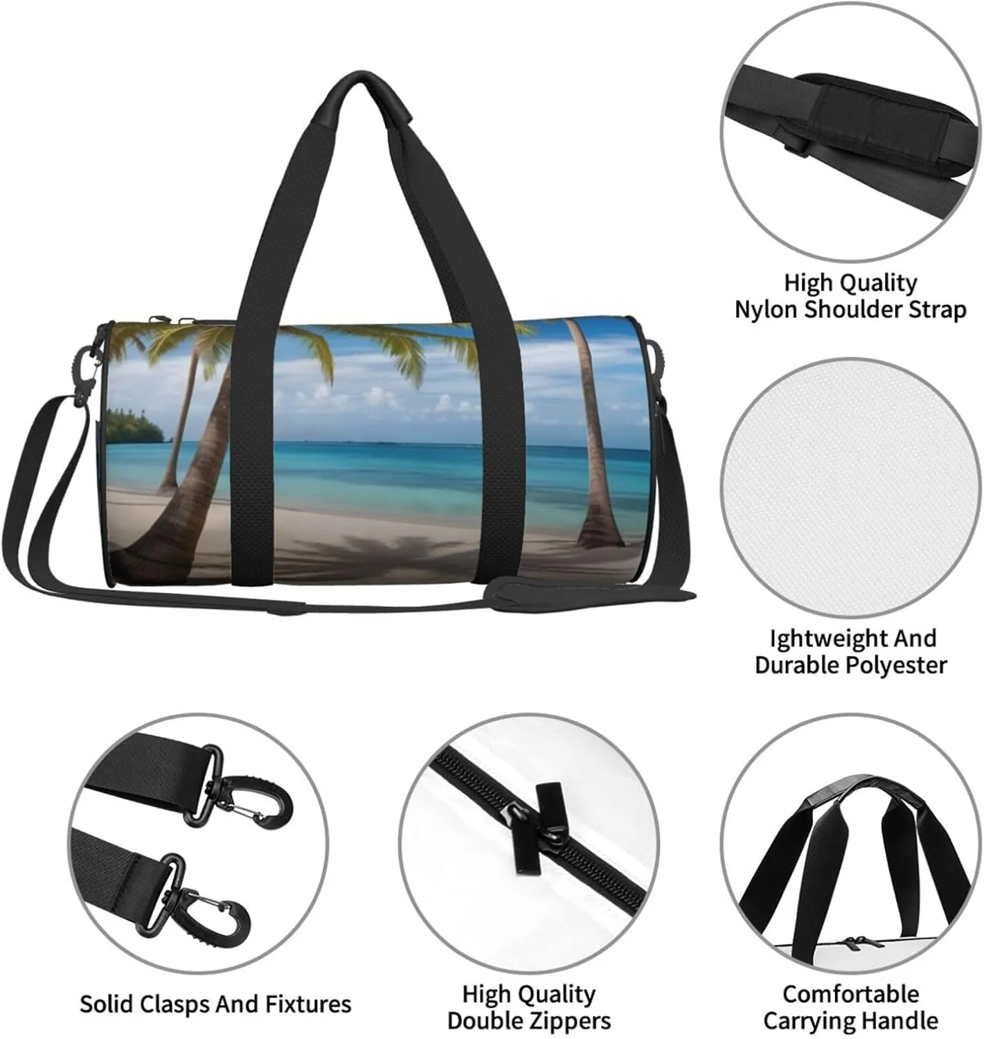 Coconut Palm Tree Sandy Beach Printed Travel Bag,Round Personal Item Storage bag,Foldie Duffel Bag for Traveling Vacation,Fitness,Sports
