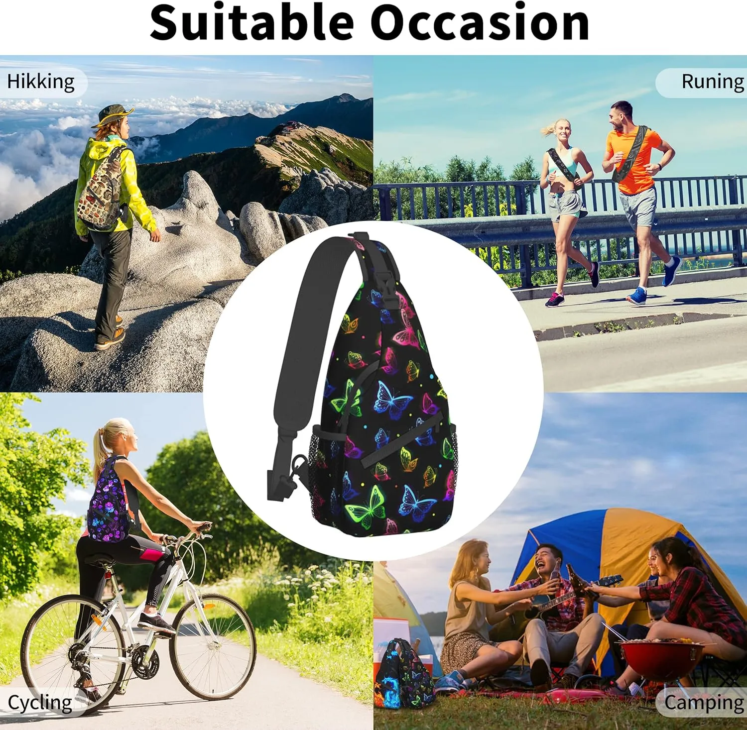 Colorful Butterfly Sling Bag for Women,Crossbody Bag Men Sling Backpack Shoulder Chest Bag for Travel Hiking Gym anti theft with Adjustable Strap