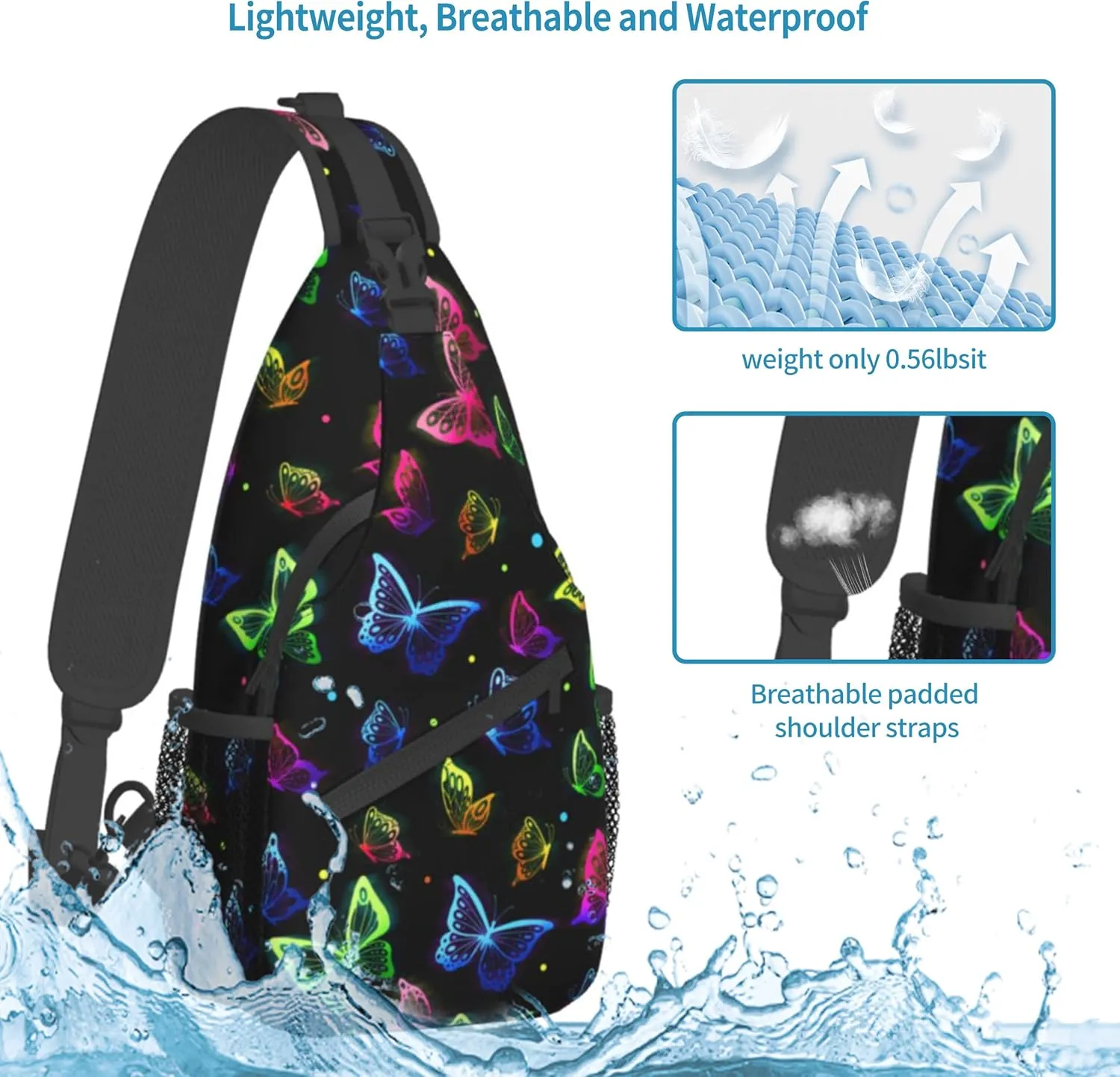 Colorful Butterfly Sling Bag for Women,Crossbody Bag Men Sling Backpack Shoulder Chest Bag for Travel Hiking Gym anti theft with Adjustable Strap