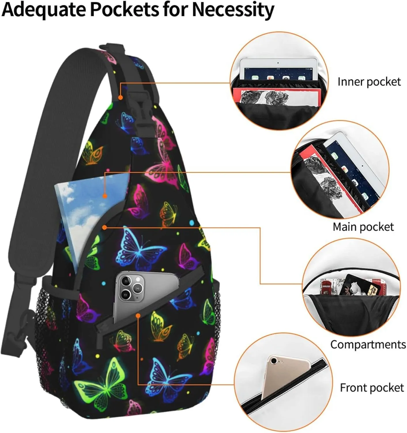 Colorful Butterfly Sling Bag for Women,Crossbody Bag Men Sling Backpack Shoulder Chest Bag for Travel Hiking Gym anti theft with Adjustable Strap