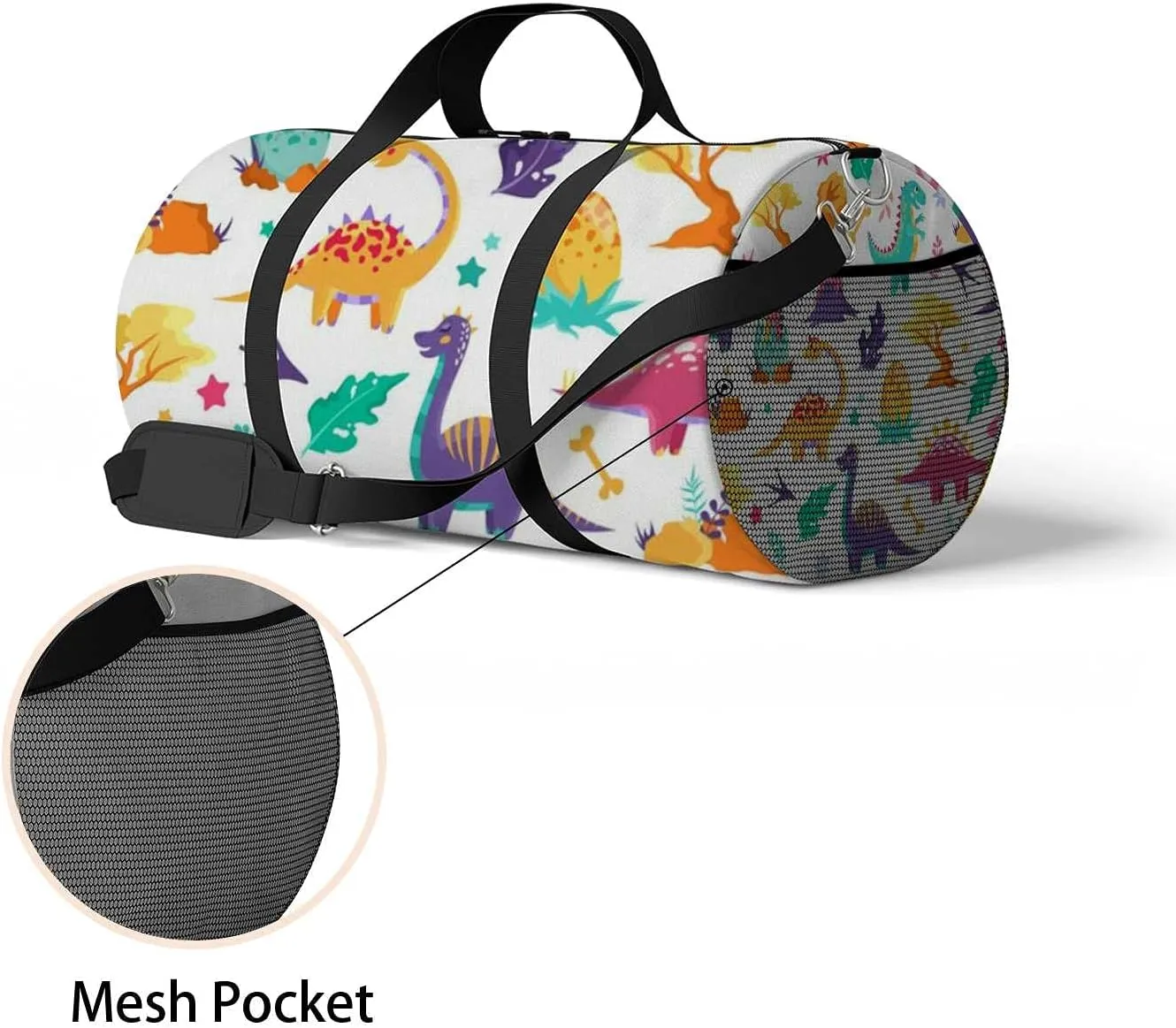 Colorful Cute Dinosaurs Sports Duffel Bag Travel Gym Tote Bags Lightweight Durable Shoulder Strap Waterproof Polyester Outside Mesh Pocket Overnight Trip Duffel Bag for Women Men