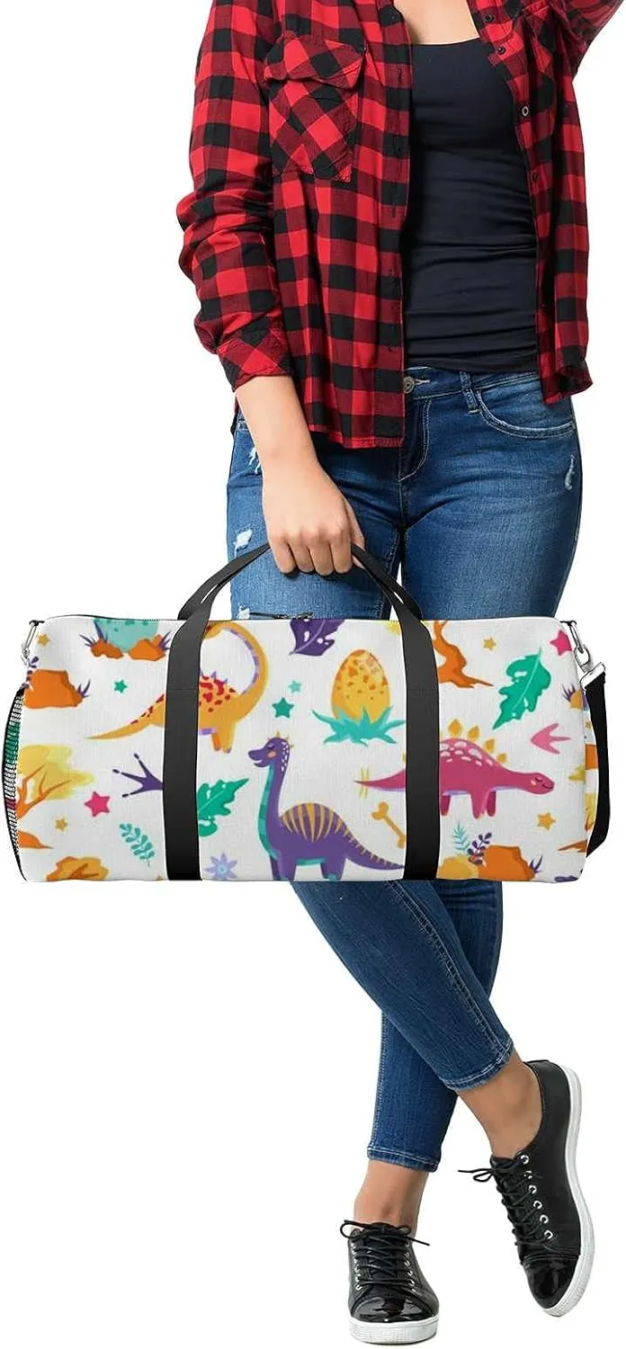 Colorful Cute Dinosaurs Sports Duffel Bag Travel Gym Tote Bags Lightweight Durable Shoulder Strap Waterproof Polyester Outside Mesh Pocket Overnight Trip Duffel Bag for Women Men