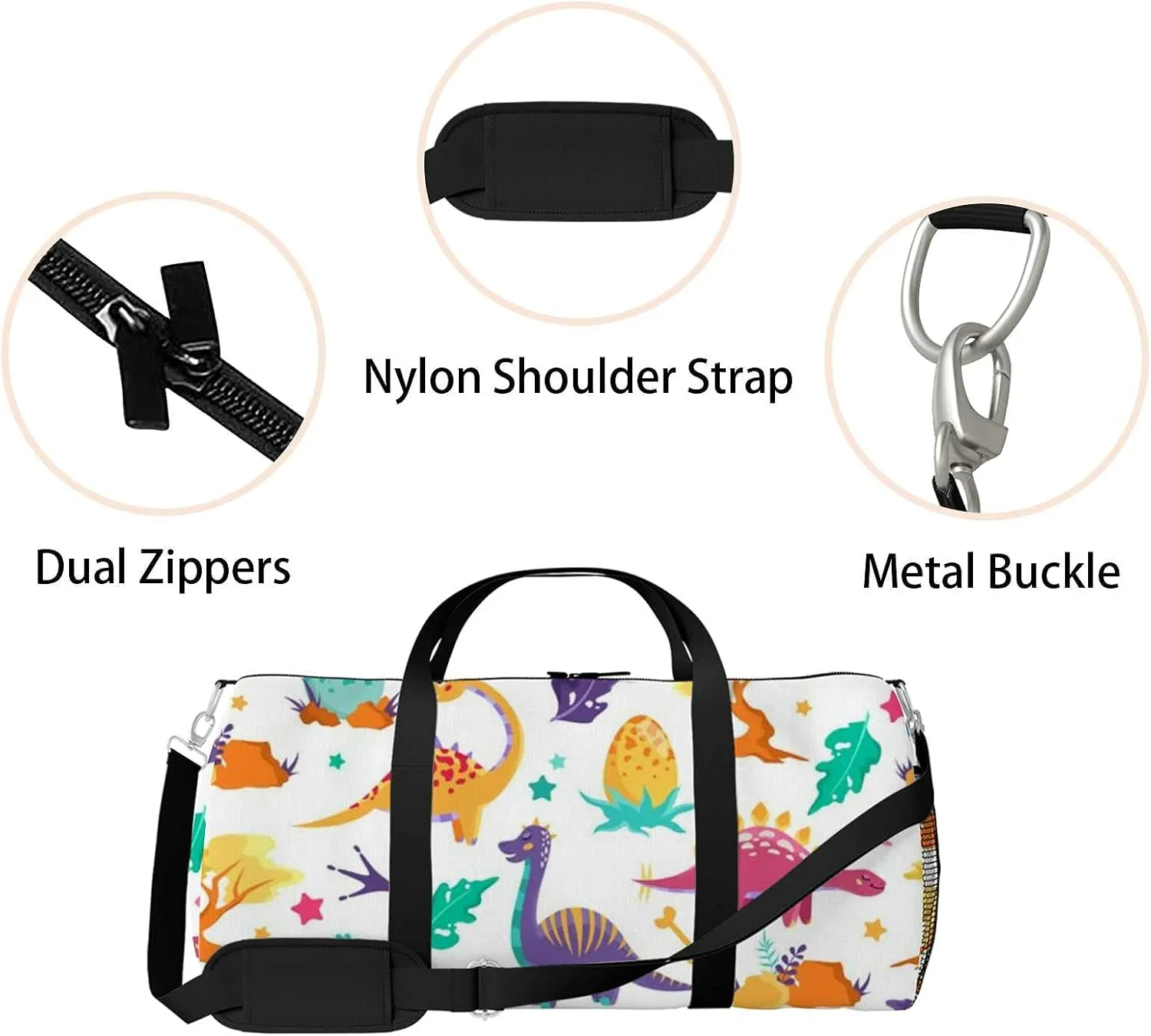 Colorful Cute Dinosaurs Sports Duffel Bag Travel Gym Tote Bags Lightweight Durable Shoulder Strap Waterproof Polyester Outside Mesh Pocket Overnight Trip Duffel Bag for Women Men