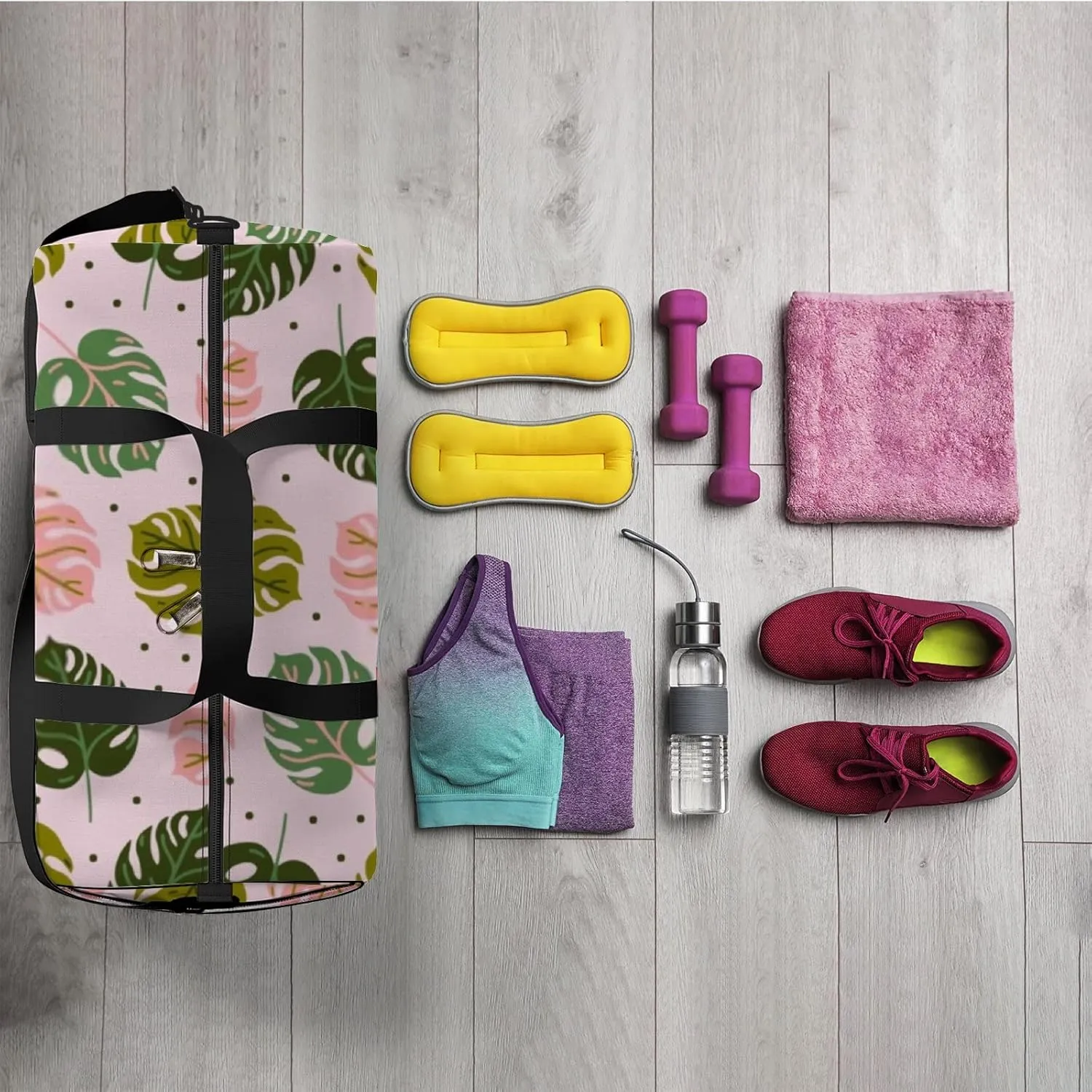 Colorful Monstera Leaf with Veins Plant Sports Duffel Bag Travel Gym Tote Bags Lightweight Durable Shoulder Strap Waterproof Polyester Outside Mesh Pocket Overnight Trip Duffel Bag for Women Men