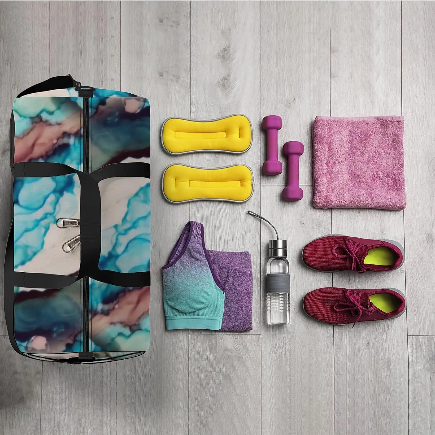 Colorful Vivid Liquid Mottled Texture Sports Duffel Bag Travel Gym Tote Bags Lightweight Durable Shoulder Strap Waterproof Polyester Outside Mesh Pocket Overnight Trip Duffel Bag for Women Men