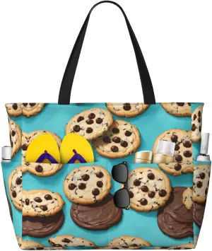 Cookies Food Chocolate Chips Biscuits Print Stylish Beach Tote Bag,Large Capacity Handbag,Perfect For Women'S Vacation And Daily Use