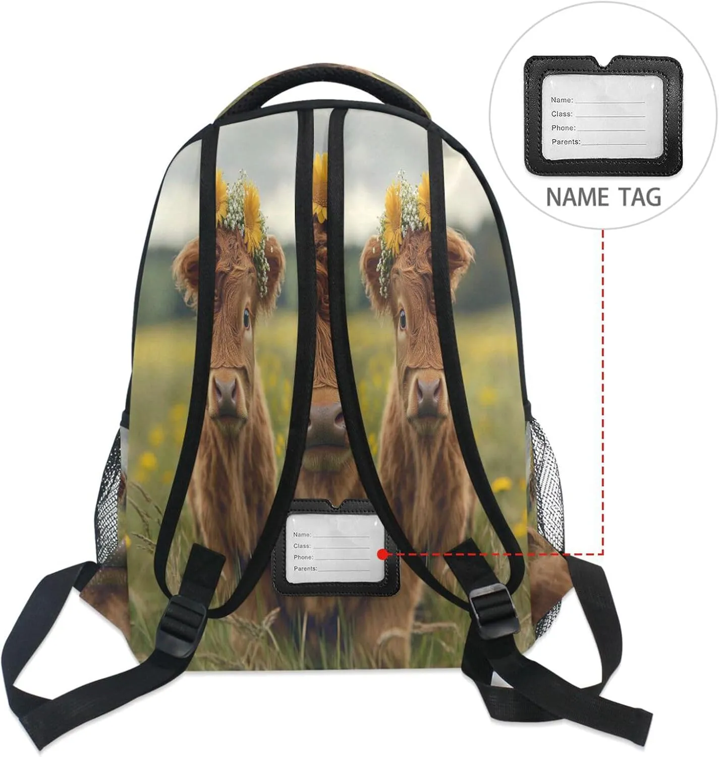 Cool Backpacks for Teenager Waterproof School Bag with Chest Strap for College Work A Highland Calf with A Flower Crown in A Grassy Field