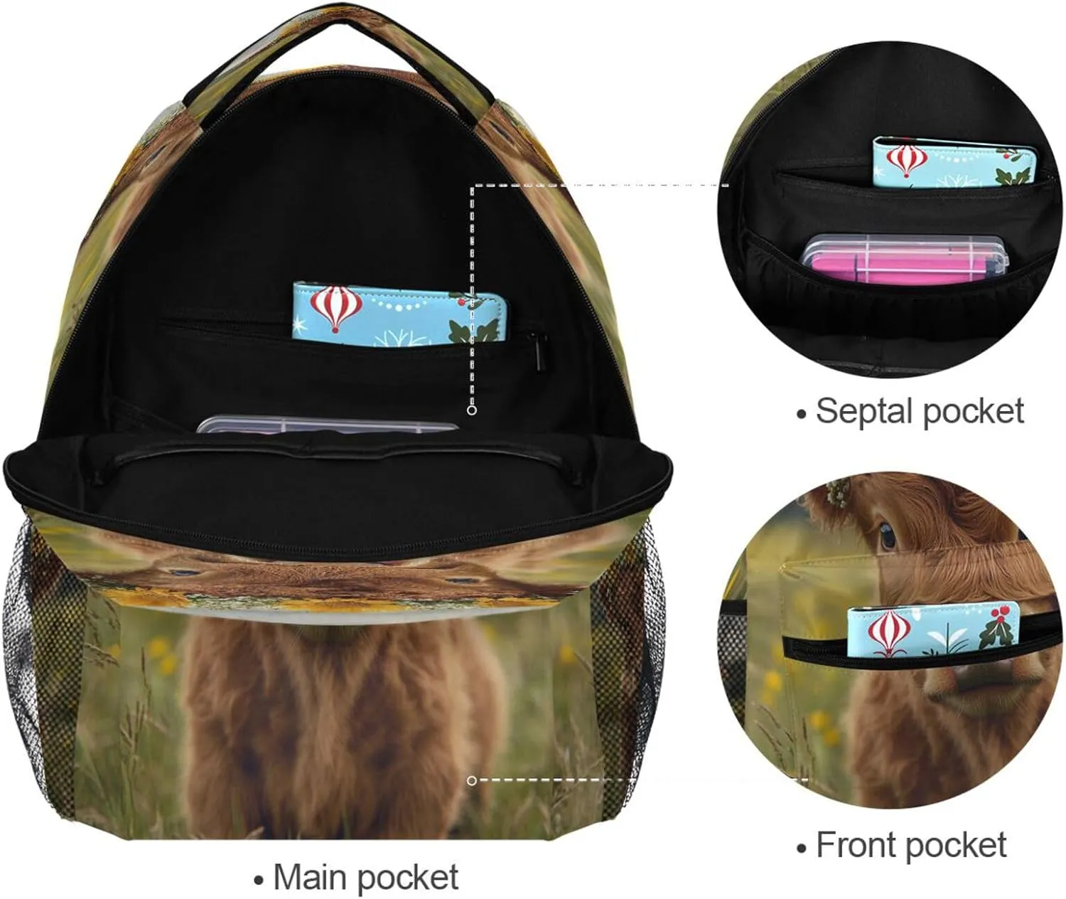 Cool Backpacks for Teenager Waterproof School Bag with Chest Strap for College Work A Highland Calf with A Flower Crown in A Grassy Field