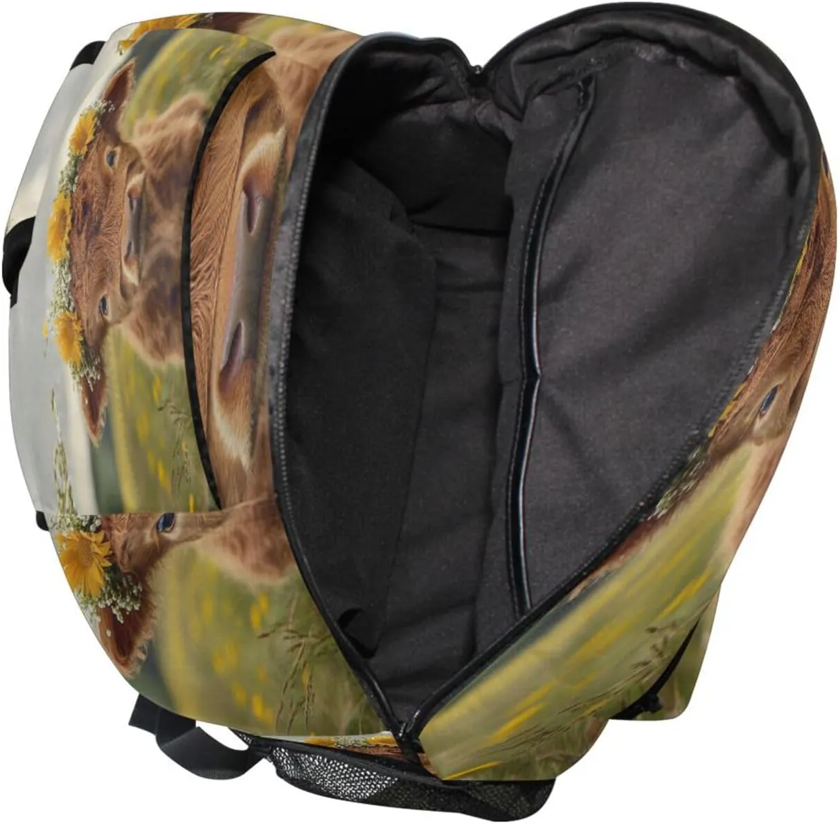 Cool Backpacks for Teenager Waterproof School Bag with Chest Strap for College Work A Highland Calf with A Flower Crown in A Grassy Field