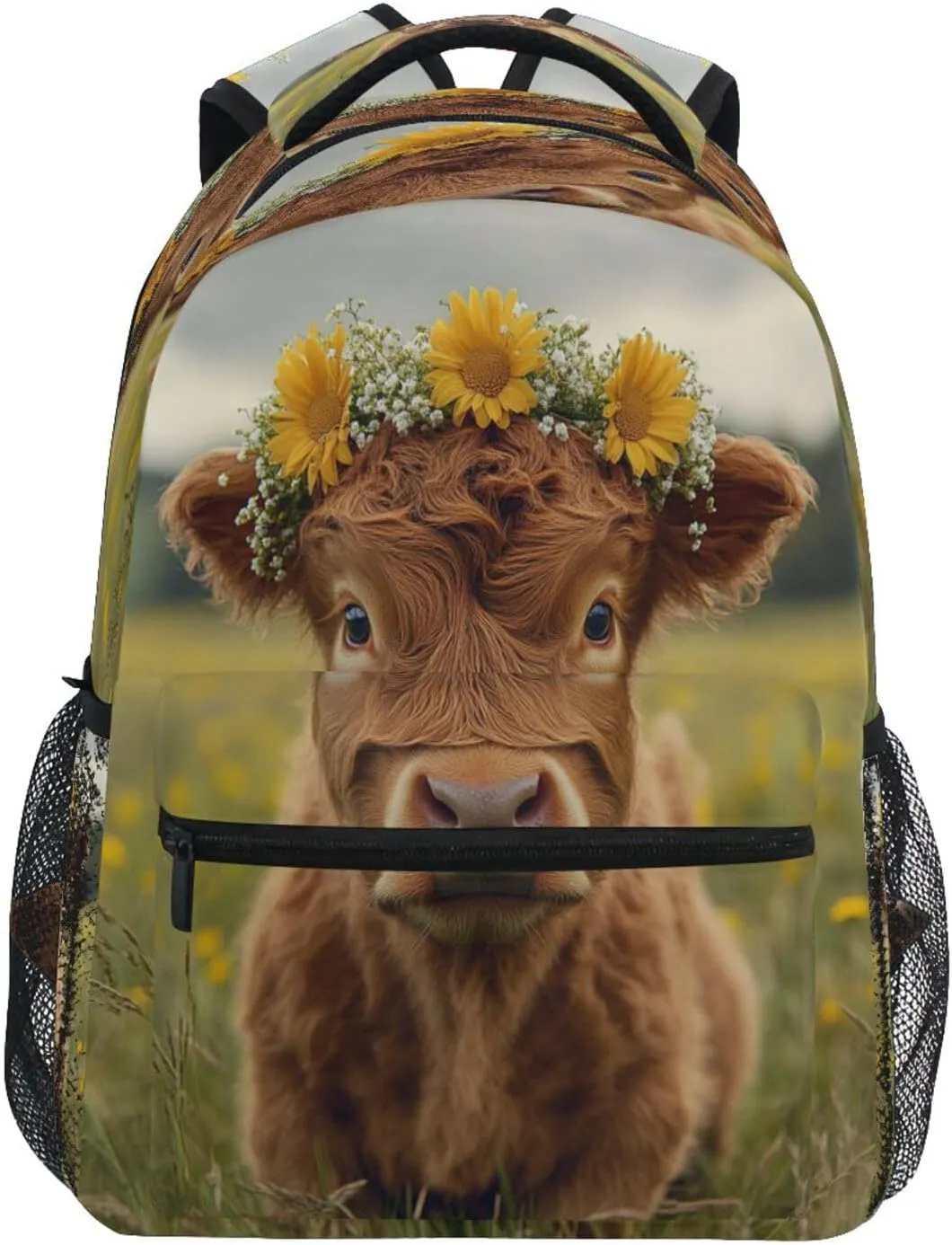 Cool Backpacks for Teenager Waterproof School Bag with Chest Strap for College Work A Highland Calf with A Flower Crown in A Grassy Field