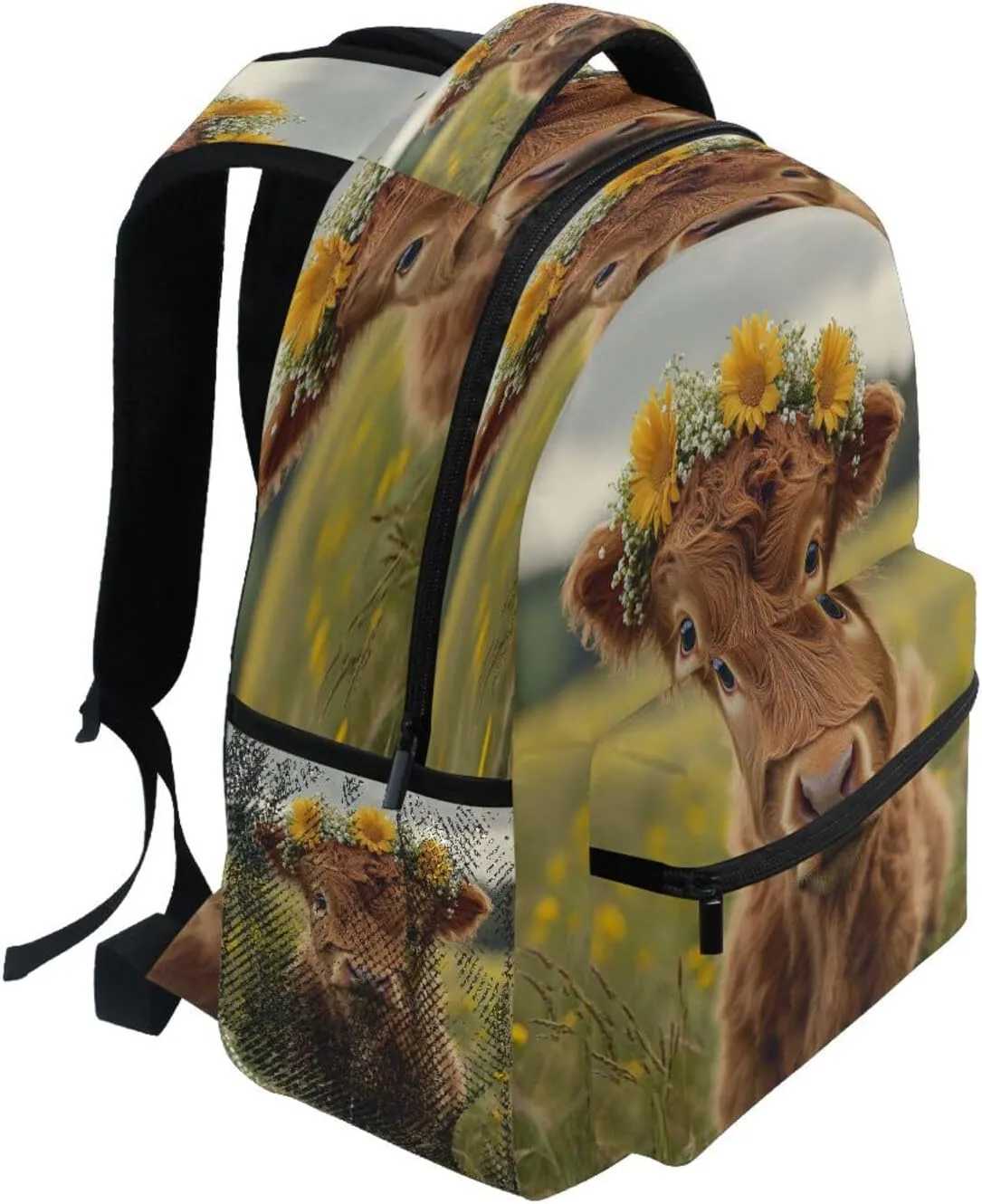 Cool Backpacks for Teenager Waterproof School Bag with Chest Strap for College Work A Highland Calf with A Flower Crown in A Grassy Field