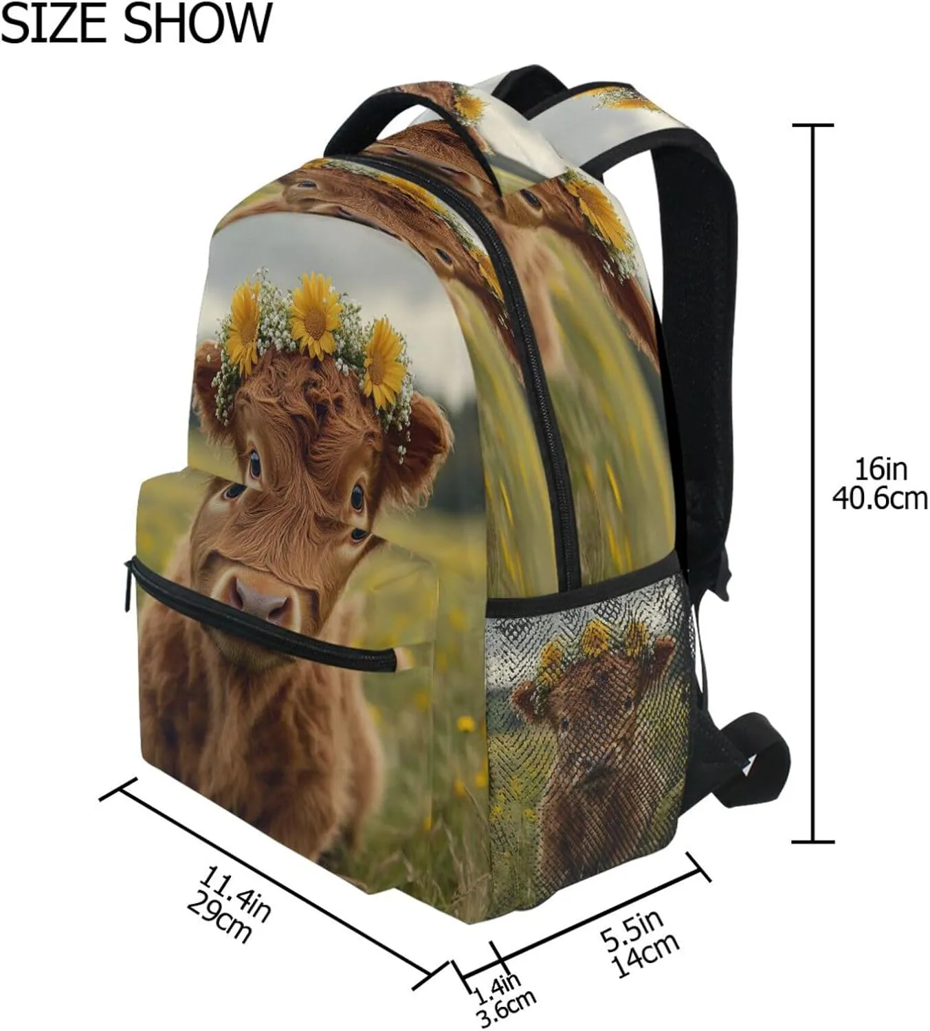 Cool Backpacks for Teenager Waterproof School Bag with Chest Strap for College Work A Highland Calf with A Flower Crown in A Grassy Field
