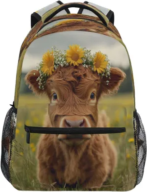 Cool Backpacks for Teenager Waterproof School Bag with Chest Strap for College Work A Highland Calf with A Flower Crown in A Grassy Field