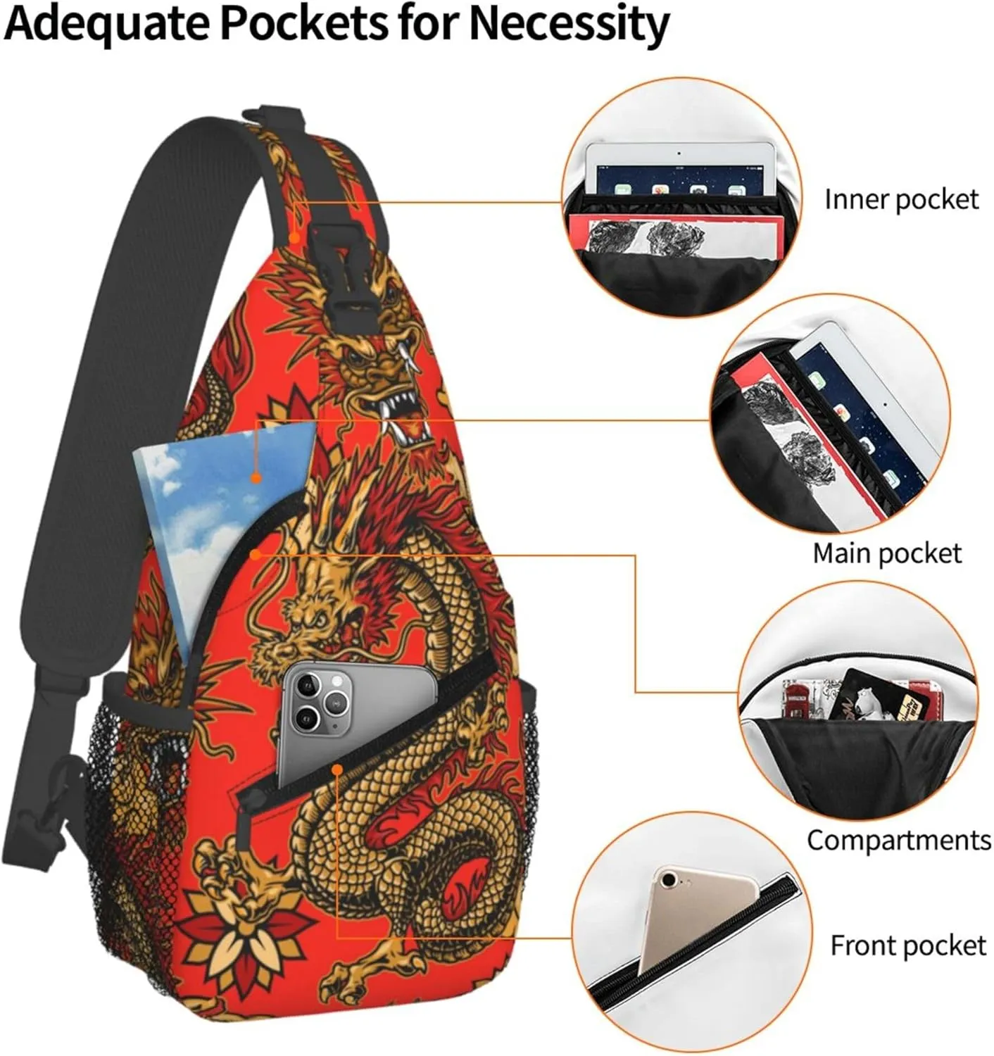 Cool Dragon Pattern Sling Backpack Crossbody Bag, Chest Bag Daypack for Outdoors Hiking Traveling