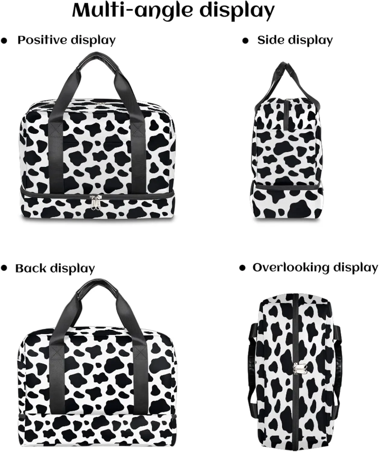Cow Print Sports Gym Bag with Shoes Compartment,Black and White Travel Duffel Bag for Women Men Boys Girls Teens Overnight Weekend Yoga Workout Bag Training Handbag