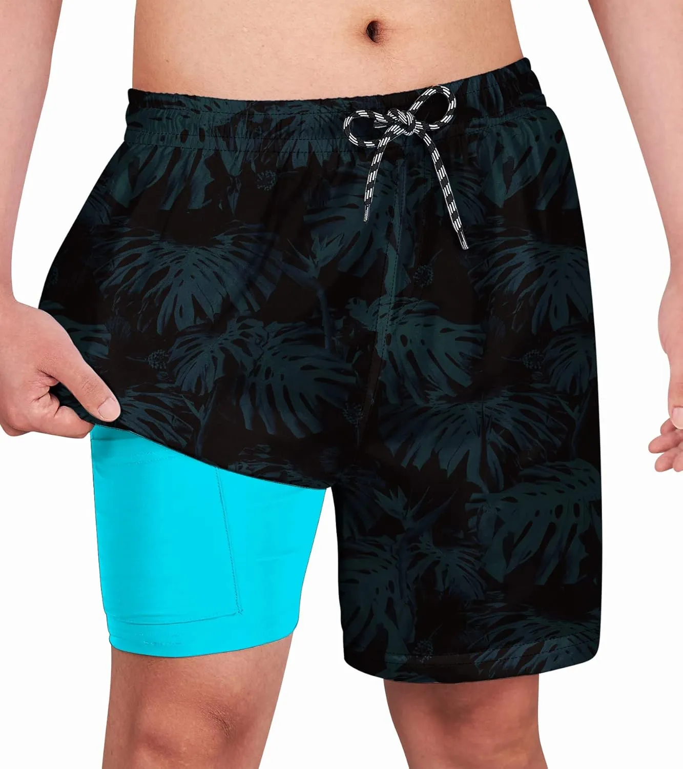 Cozople Boys Swim Trunks with Boxer Brief Liner Compression Swimwear Quick Dry Swim Shorts Bathing Suits 7-20 Years
