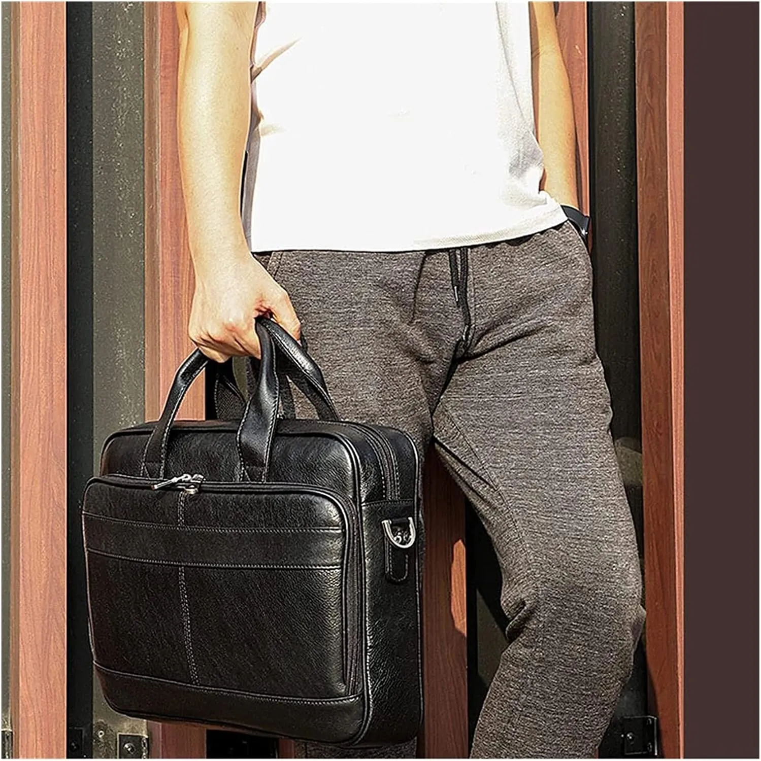 Crazy Horse Leather 15.6" Laptop Briefcase Business Office Shoulder Handbags Retro Cross-Body Messenger Tote Bag