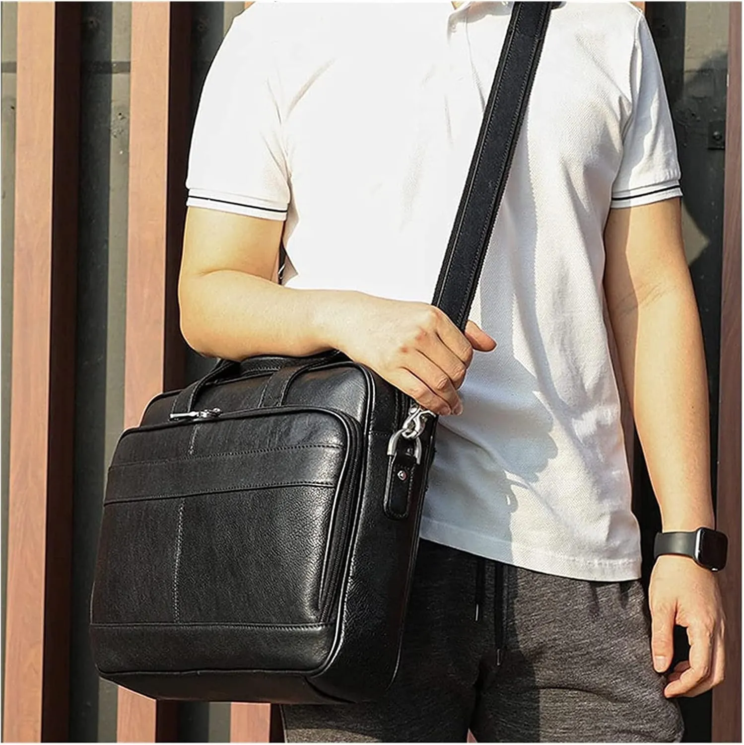 Crazy Horse Leather 15.6" Laptop Briefcase Business Office Shoulder Handbags Retro Cross-Body Messenger Tote Bag