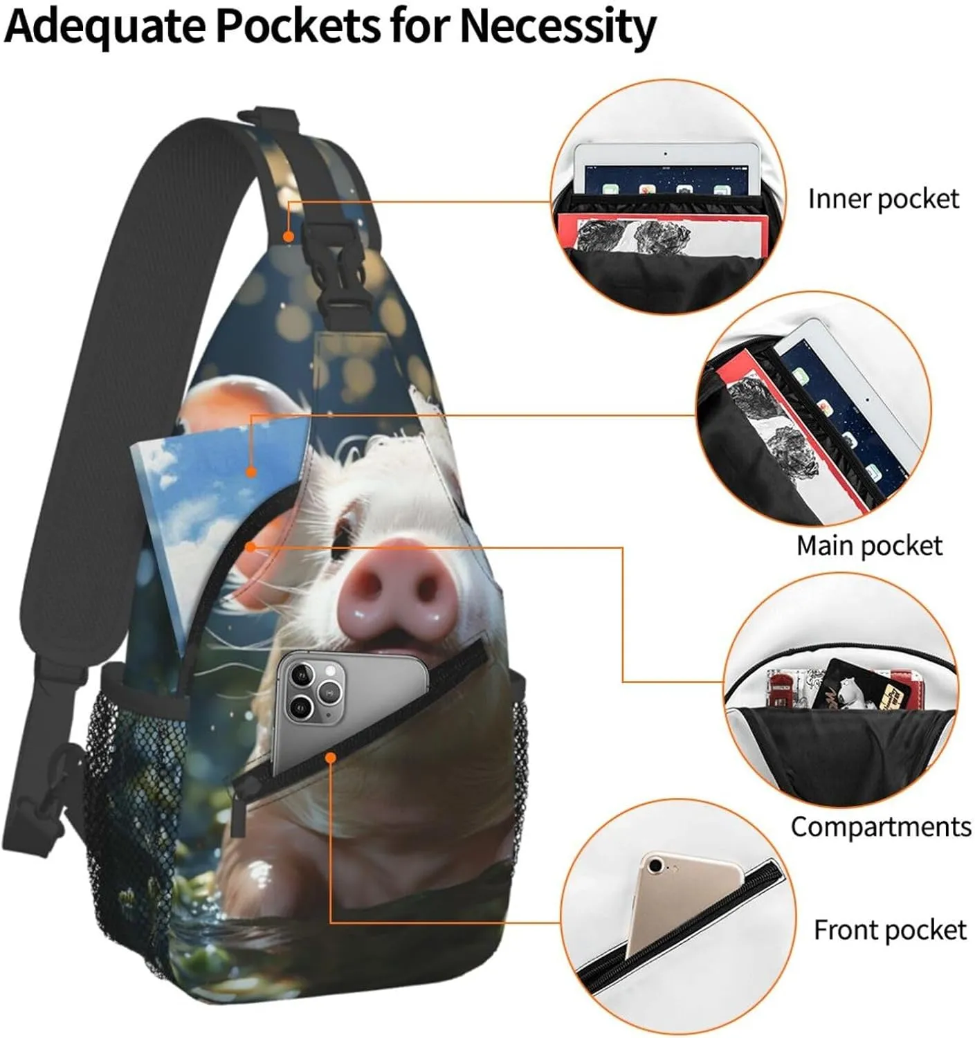Crossbody Bag for Women Men Swimming Pig Chest Bag Crossbody Sling Bag Adjustable Shoulder Bag